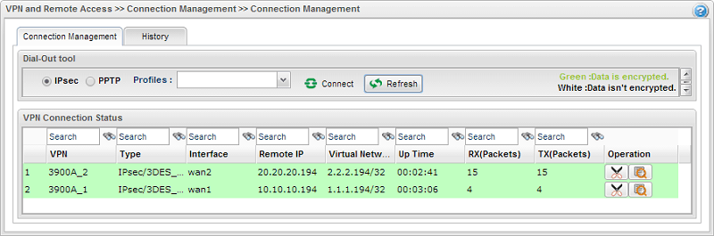 a screenshot of VPN management page showing 2 online VPNs and both have data transmitting